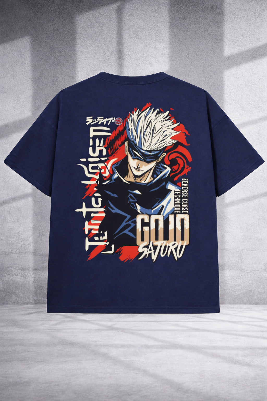 Navy blue t-shirt with graphic design on the back against a gray background